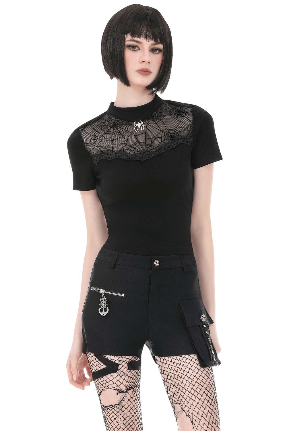Goth Spiderweb Mesh Top with Mock Neck and Lace