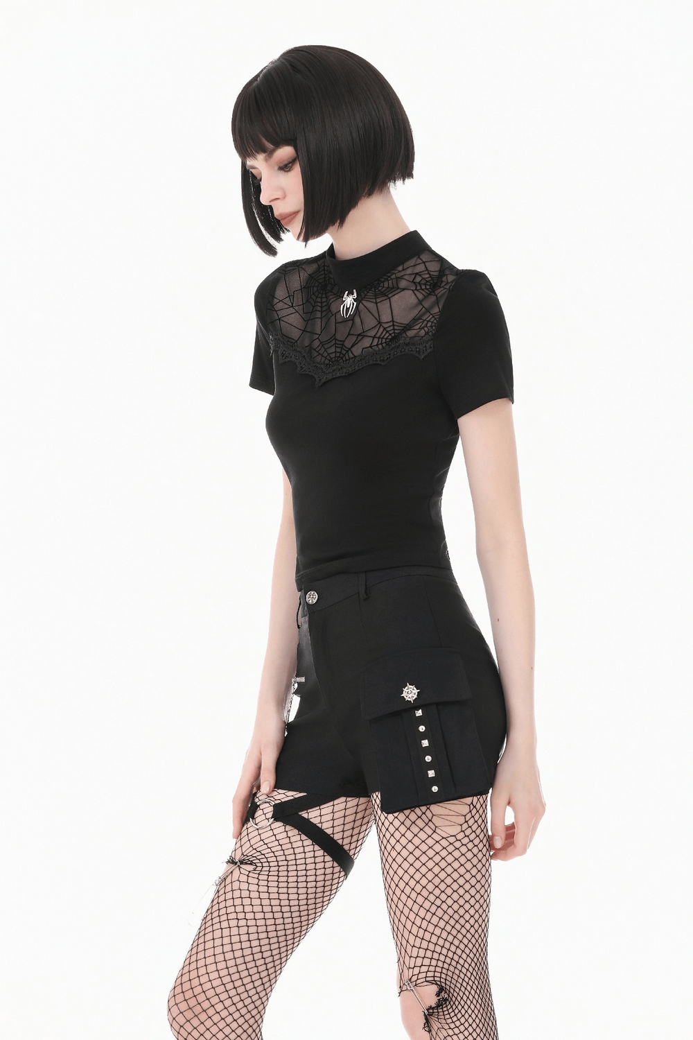 Goth Spiderweb Mesh Top with Mock Neck and Lace
