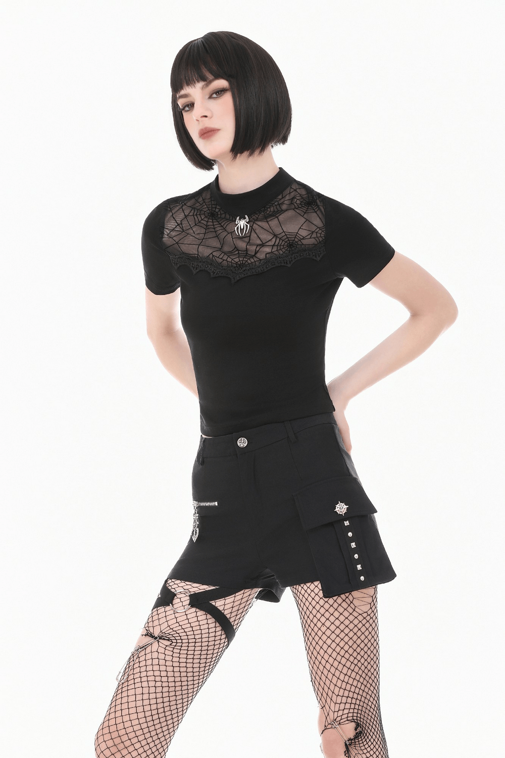 Goth Spiderweb Mesh Top with Mock Neck and Lace