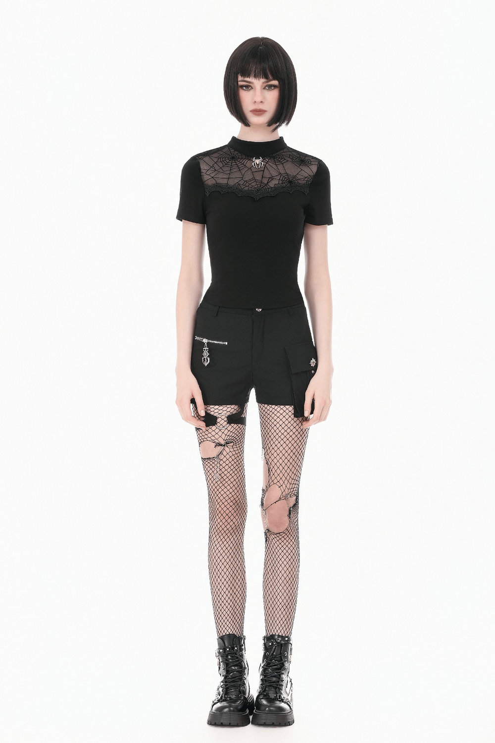 Goth Spiderweb Mesh Top with Mock Neck and Lace