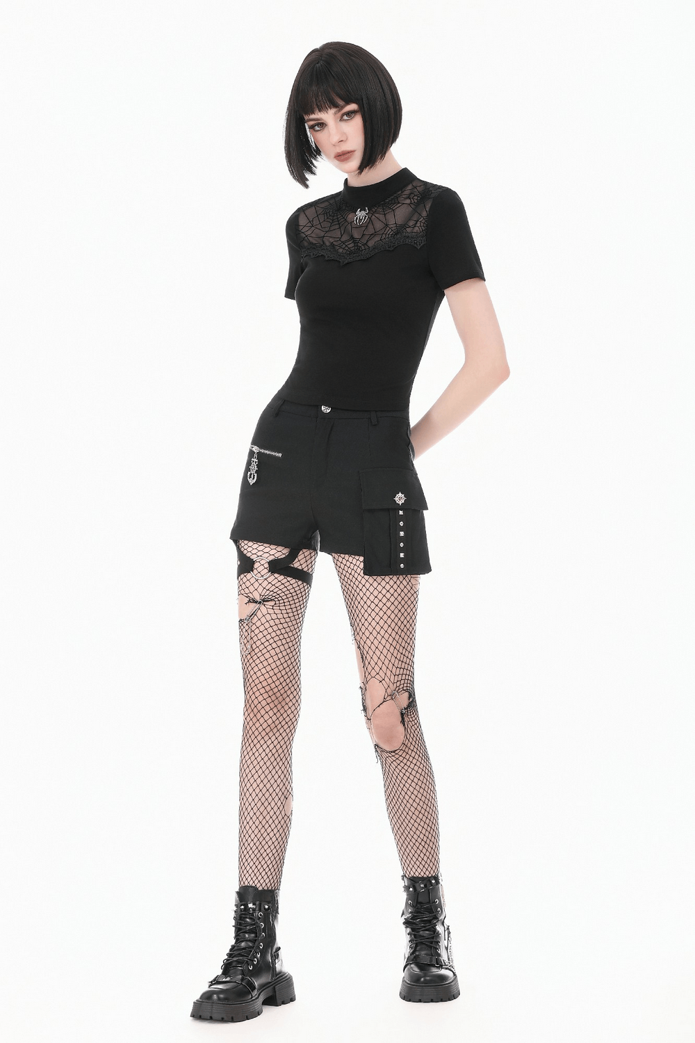 Goth Spiderweb Mesh Top with Mock Neck and Lace