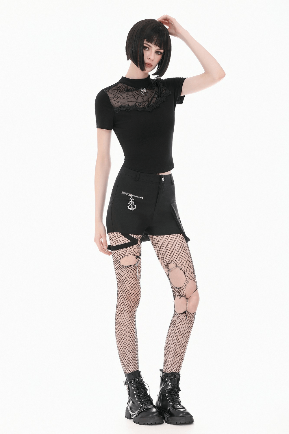 Goth Spiderweb Mesh Top with Mock Neck and Lace