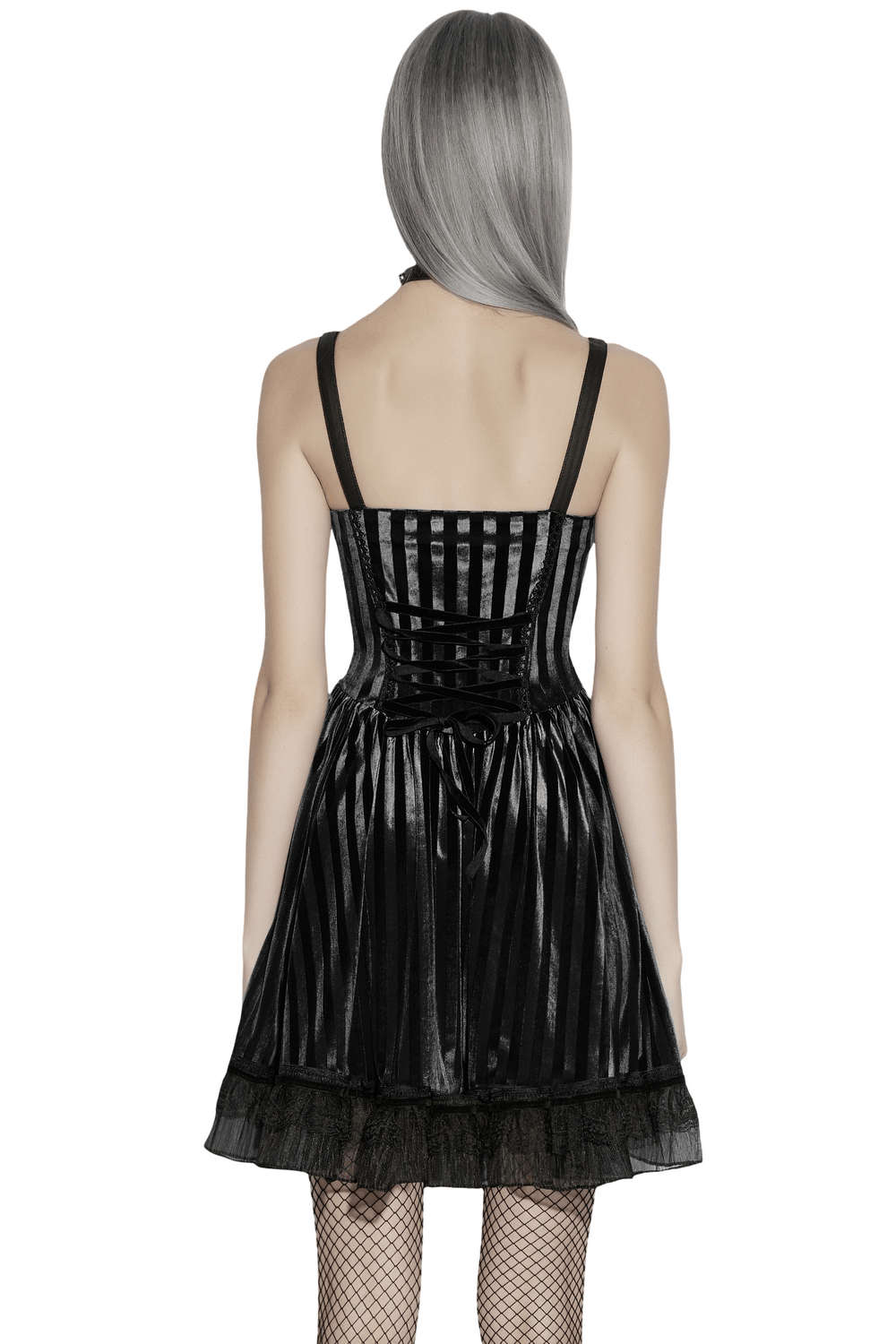 Goth Striped Dress with Lace Up Back and Bow Detail shown from the back with lace hem and velvet texture.