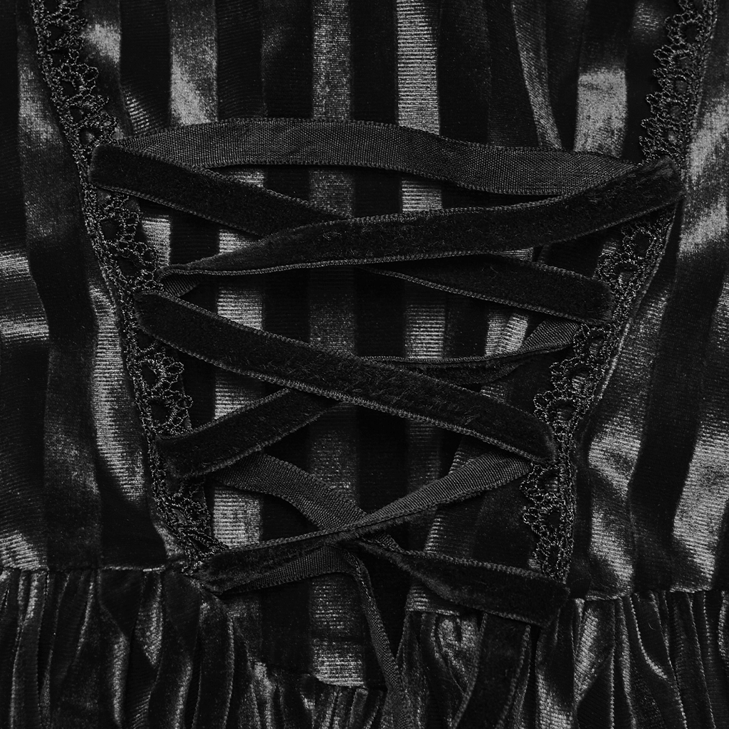 Goth Striped Dress with Lace Up Back and Bow Detail close-up of lace-up back design on black velvet.
