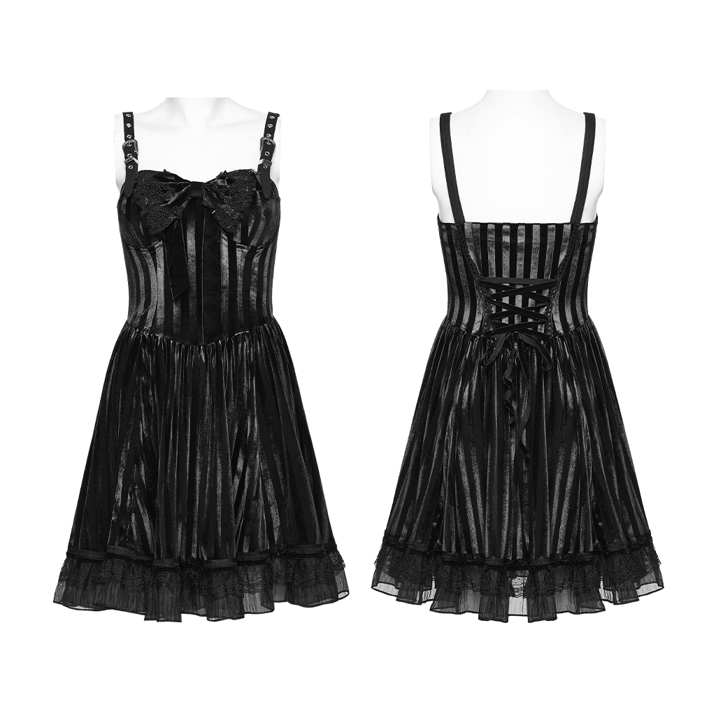 Goth Striped Dress with Lace Up Back and Bow Detail featuring a black velvet striped design and lace hem.