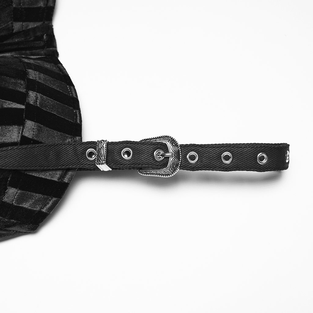 Goth Striped Dress with Lace Up Back and Bow Detail strap detail showcasing the buckle and lace-up design.