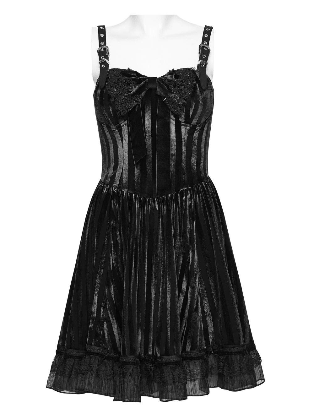 Goth Striped Dress with Lace Up Back and Bow Detail featuring black velvet and lace hem.