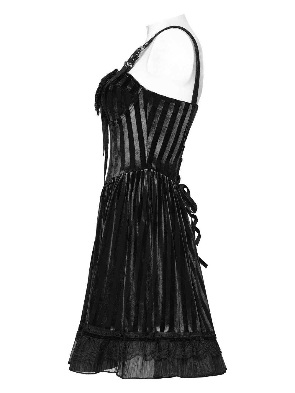 Goth Striped Dress with Lace Up Back and Bow Detail showcasing black velvet stripes and lace hem on mannequin.