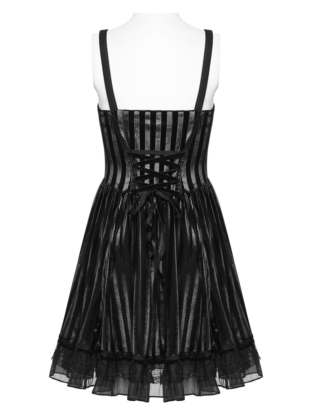 Goth Striped Dress with Lace Up Back and Bow Detail showcasing the elegant back design and lace hem.
