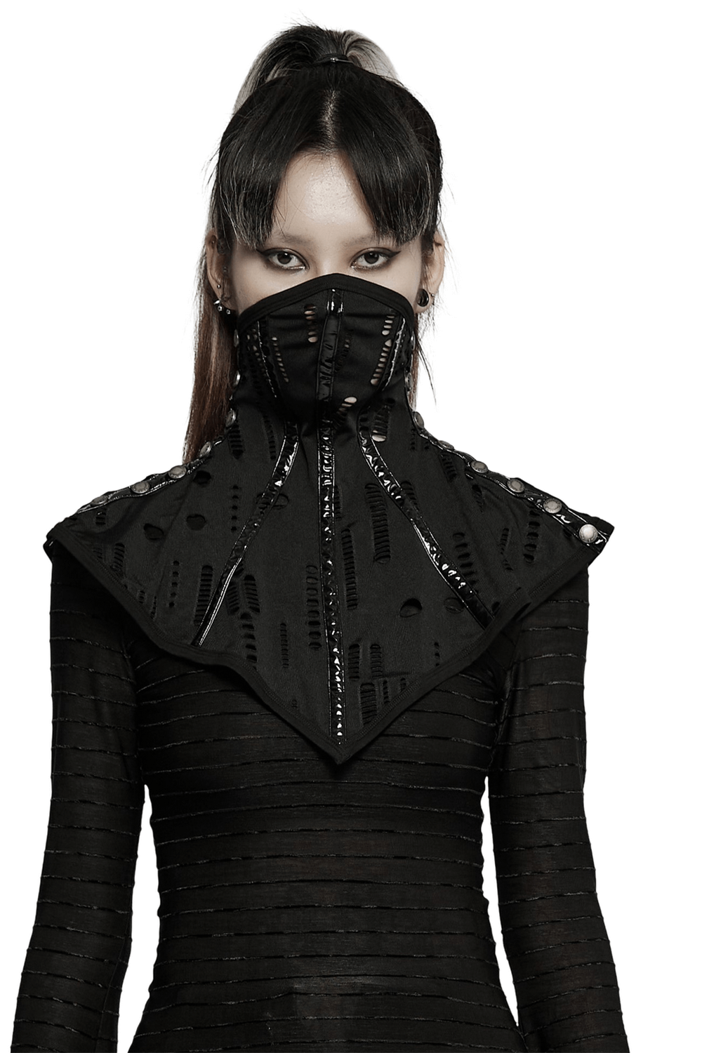 Goth stylish black mesh face mask collar with buttons for Halloween costumes and cosplay.