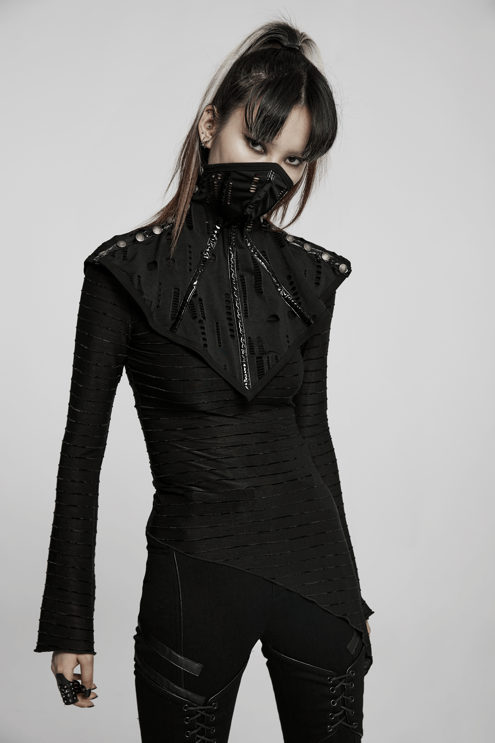 Goth stylish black mesh mask collar with buttons, perfect for Halloween costumes and rave outfits.