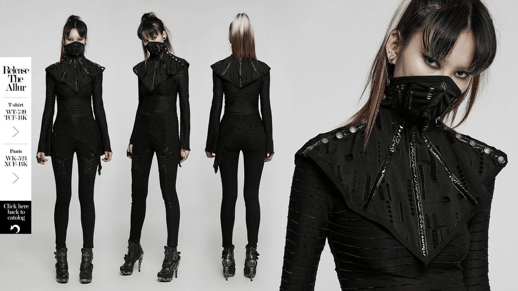 Goth stylish face mask collar in black mesh, featuring buttons and adjustable ties for Halloween costumes.