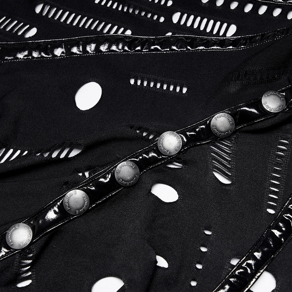 Close-up of black mesh collar with button detail and cut-out design for goth fashion.