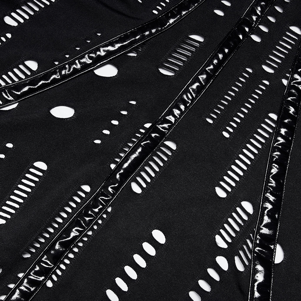 Close-up of black mesh rave mask collar with holes and shiny trim, perfect for gothic outfits or Halloween costumes.