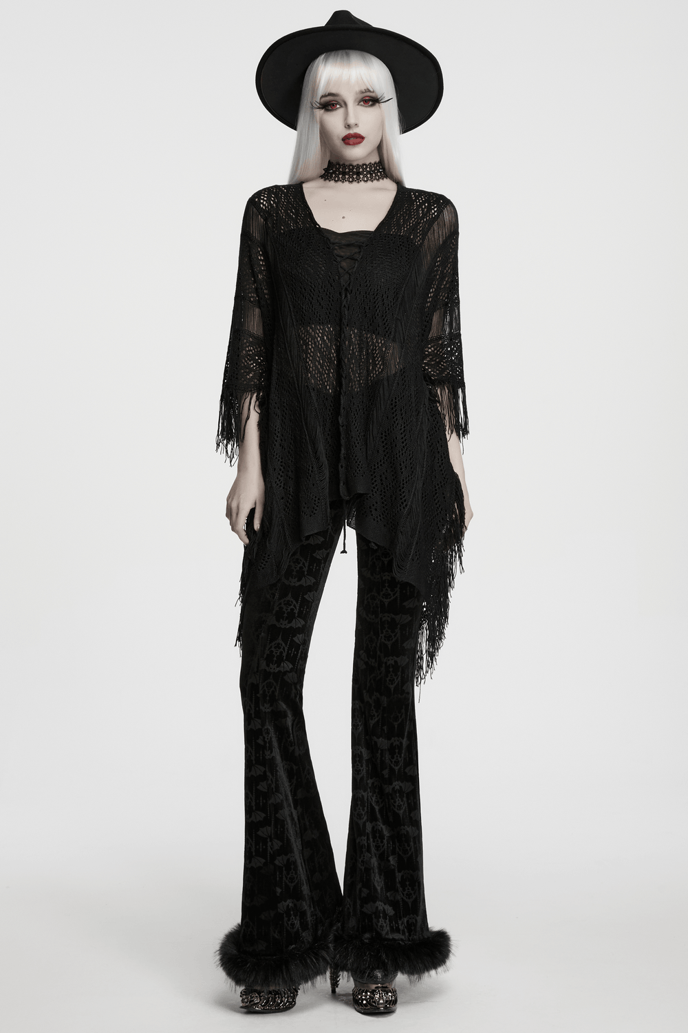 Gothic-Pullover mit Fledermaus- und Quastenmotiv, Stricknetz und Kordelzug