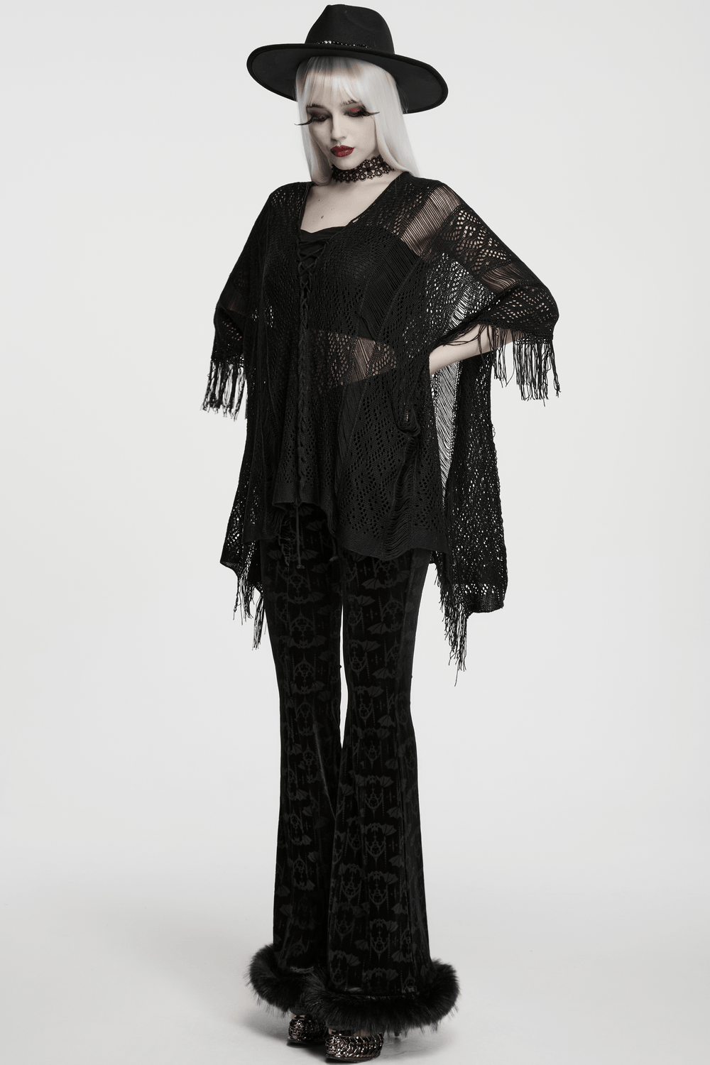 Gothic-Pullover mit Fledermaus- und Quastenmotiv, Stricknetz und Kordelzug