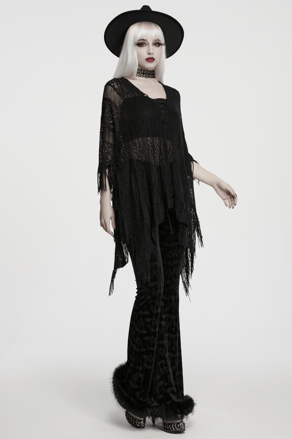 Gothic-Pullover mit Fledermaus- und Quastenmotiv, Stricknetz und Kordelzug