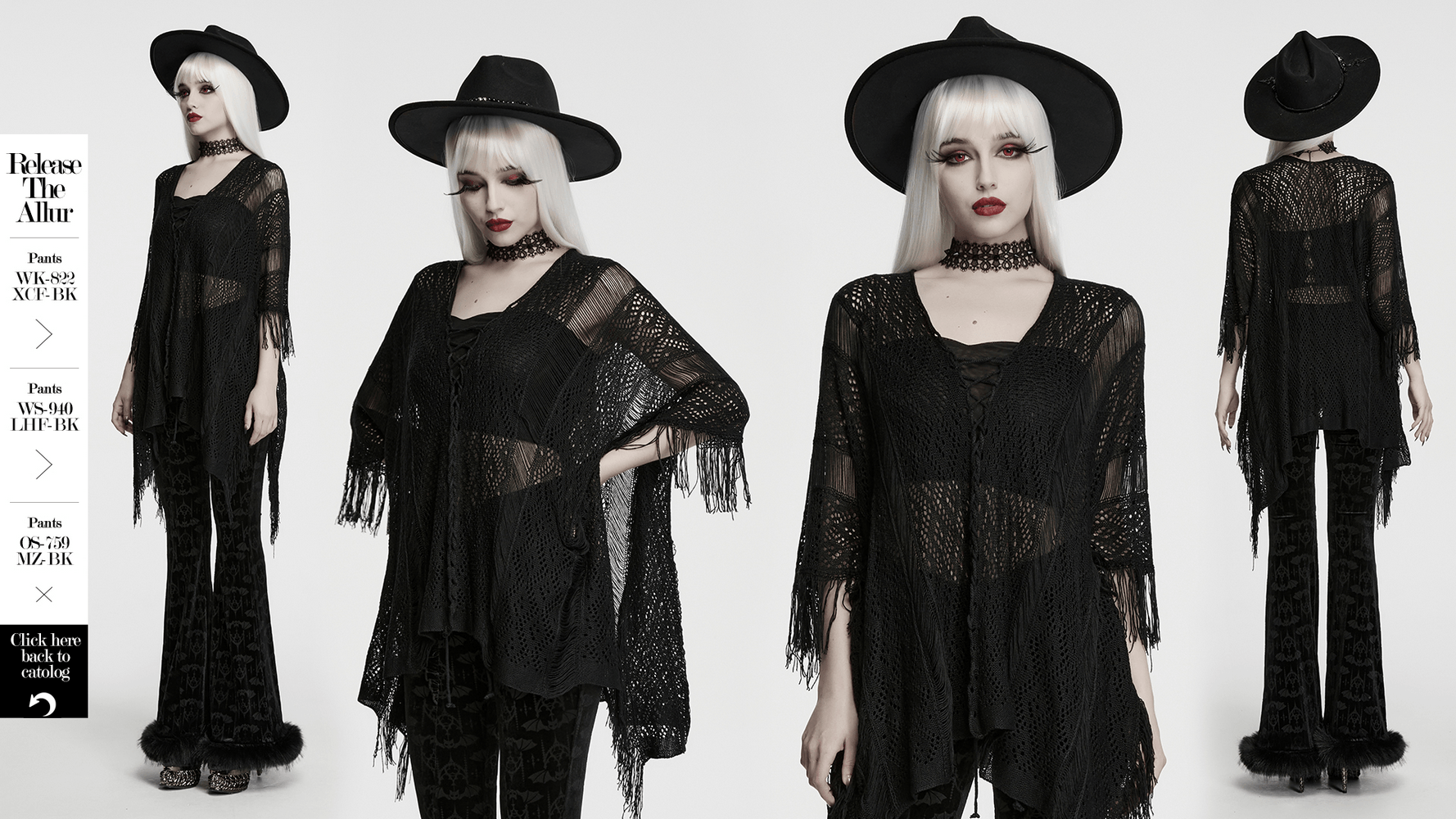 Gothic-Pullover mit Fledermaus- und Quastenmotiv, Stricknetz und Kordelzug