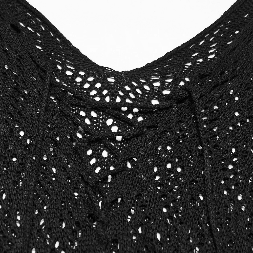 Gothic-Pullover mit Fledermaus- und Quastenmotiv, Stricknetz und Kordelzug