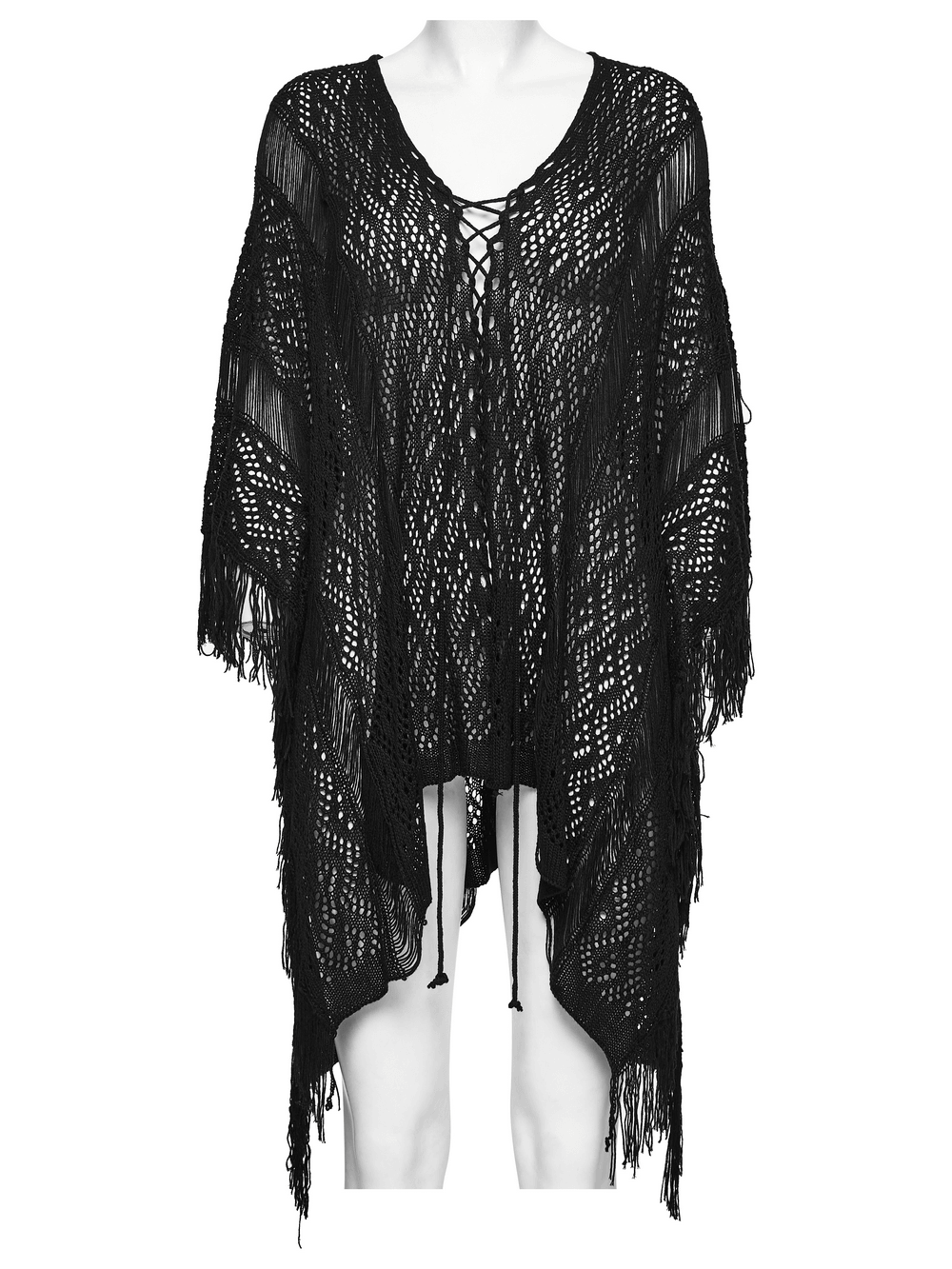 Gothic-Pullover mit Fledermaus- und Quastenmotiv, Stricknetz und Kordelzug