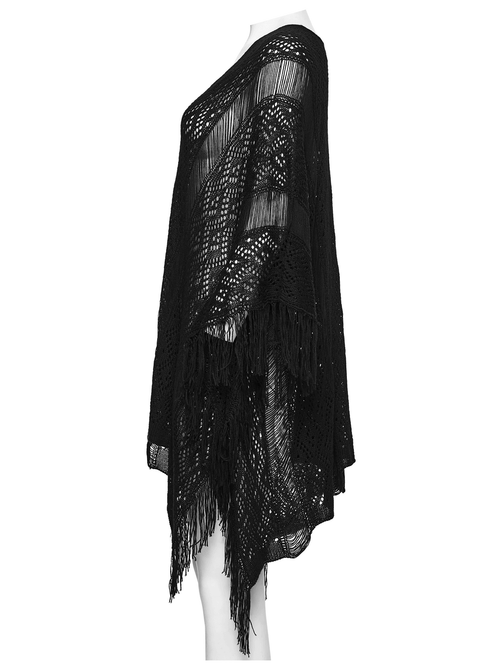 Gothic-Pullover mit Fledermaus- und Quastenmotiv, Stricknetz und Kordelzug