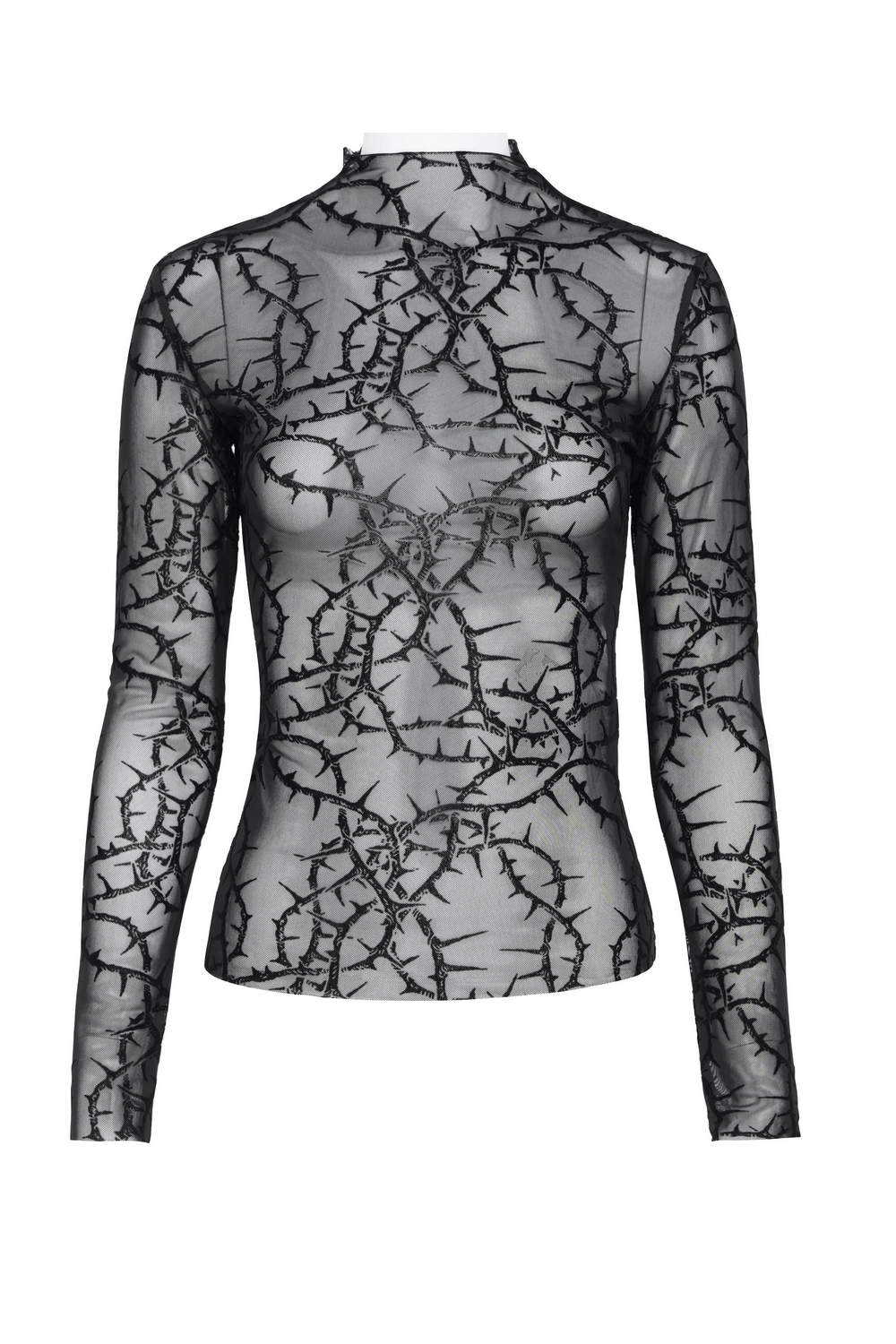 Goth Thorn Print Sheer Mesh Long Sleeved Top for Women featuring barbed vine design and high mock neck.