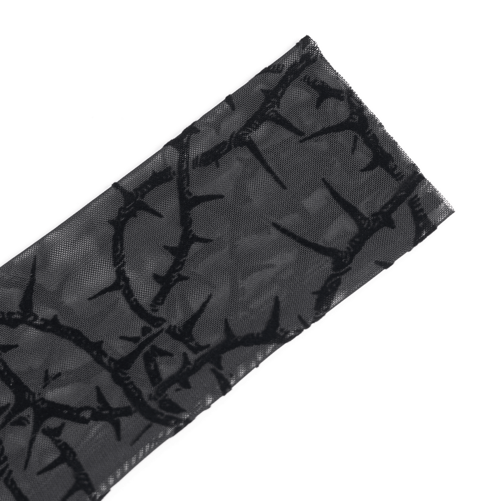 Goth Thorn Print Sheer Mesh Long Sleeved Top for Women featuring a thorn vine pattern on black mesh fabric.