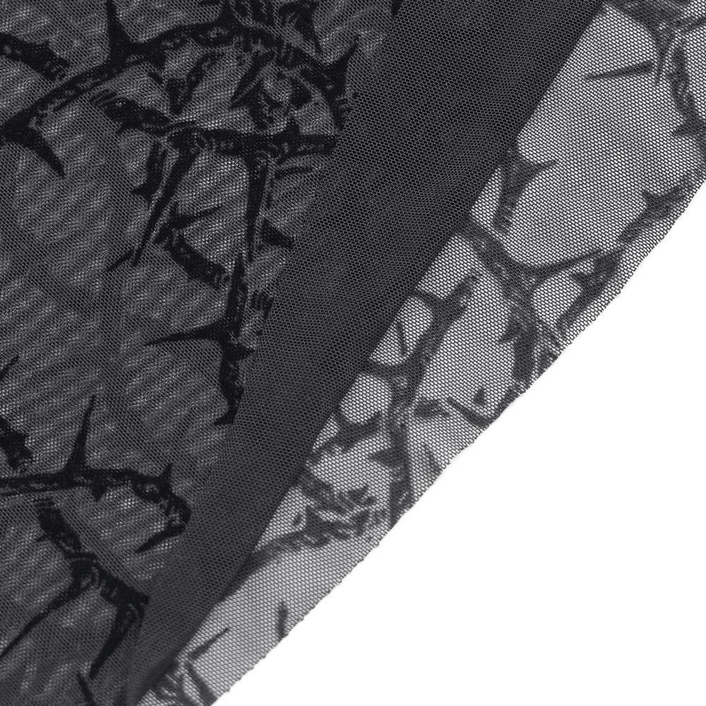 Goth Thorn Print Sheer Mesh Long Sleeved Top for Women featuring a black thorn vine pattern on transparent fabric.