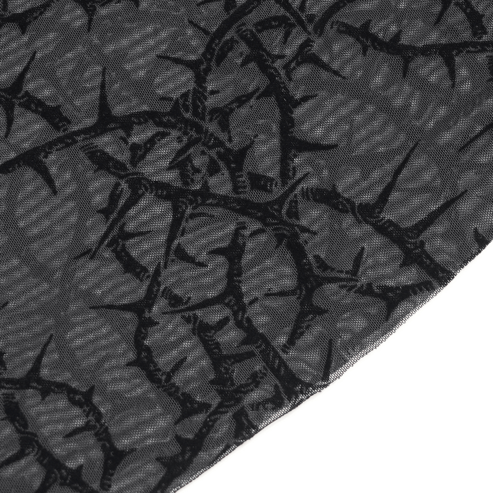 Goth Thorn Print Sheer Mesh Long Sleeved Top for Women showing striking thorn vine pattern on black fabric.