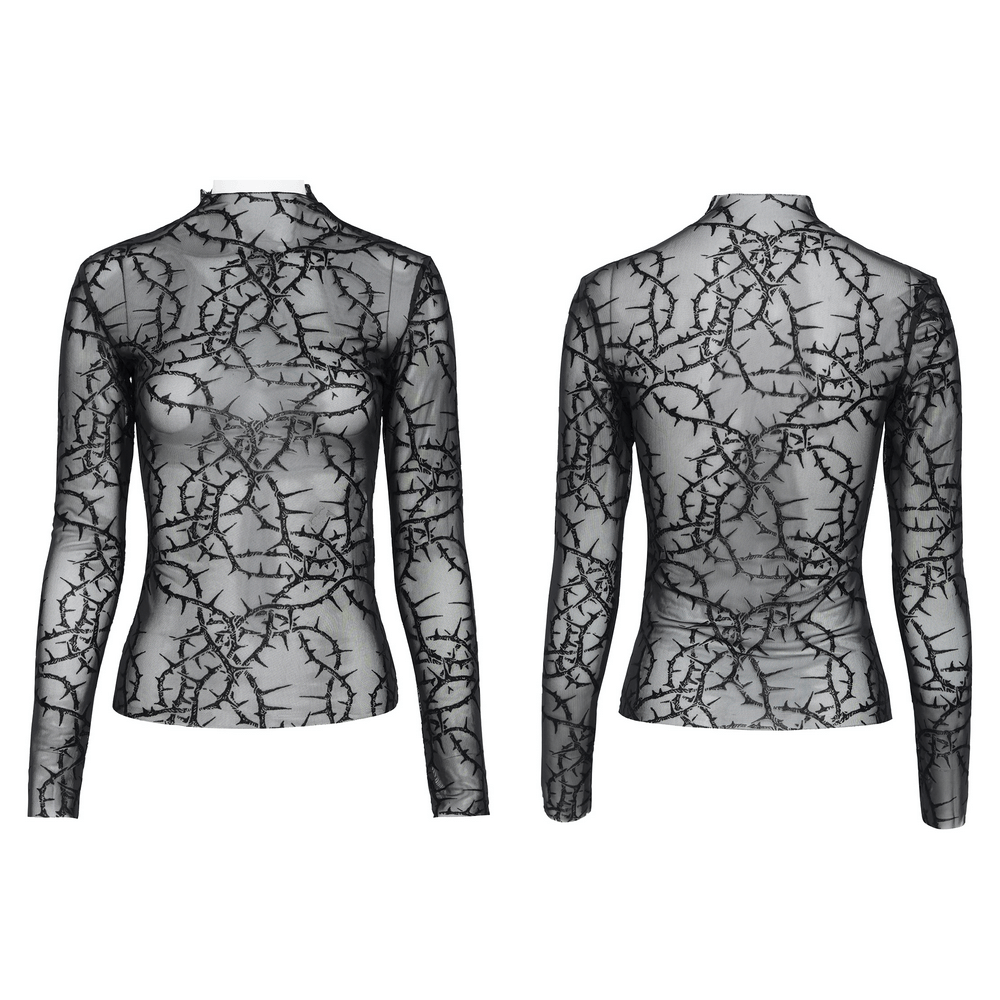 Goth Thorn Print Sheer Mesh Long Sleeved Top for Women featuring thorn vine pattern and fitted long sleeves.