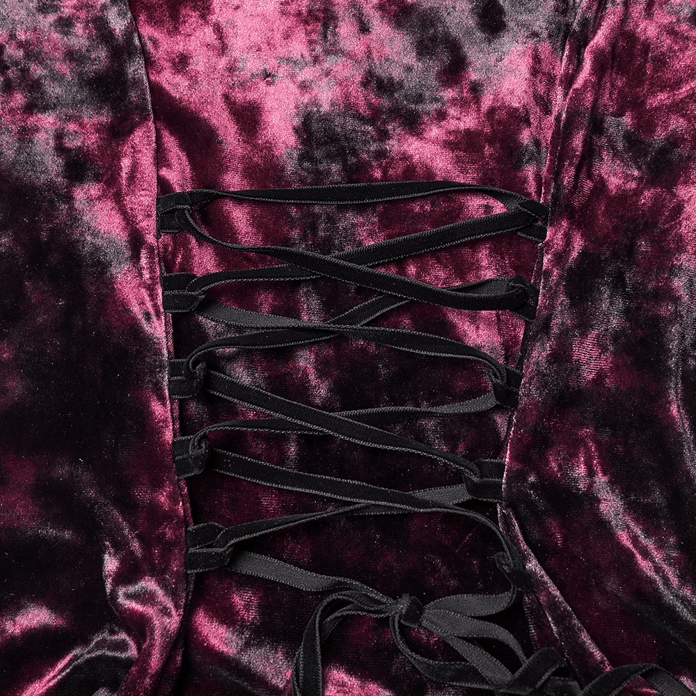 Goth Tie-Dye Velvet and Lace Long-Sleeved Top showing intricate lace-up detailing on rich velvet fabric.