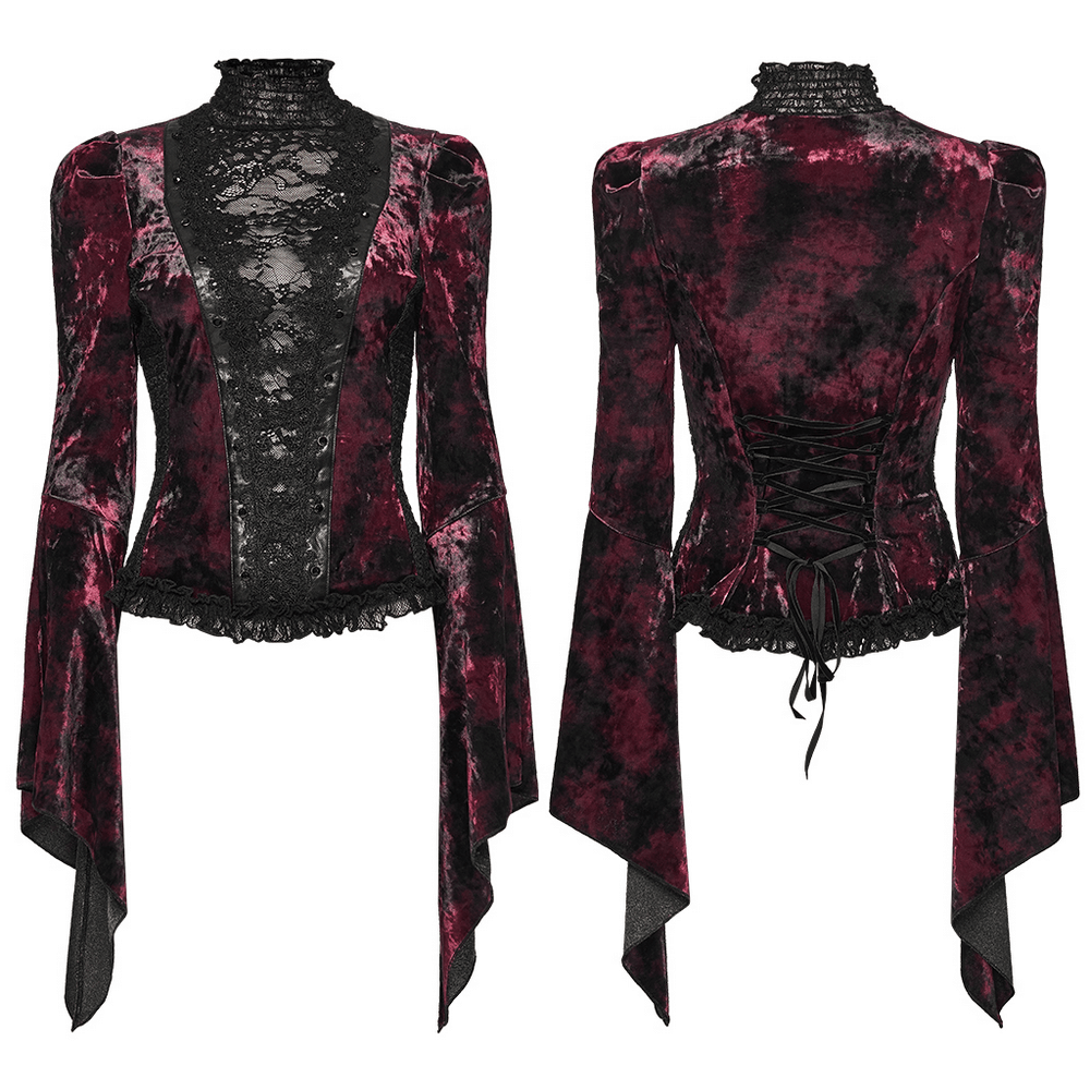 Goth Tie-Dye Velvet and Lace Long-Sleeved Top featuring flared sleeves and intricate lace detail.