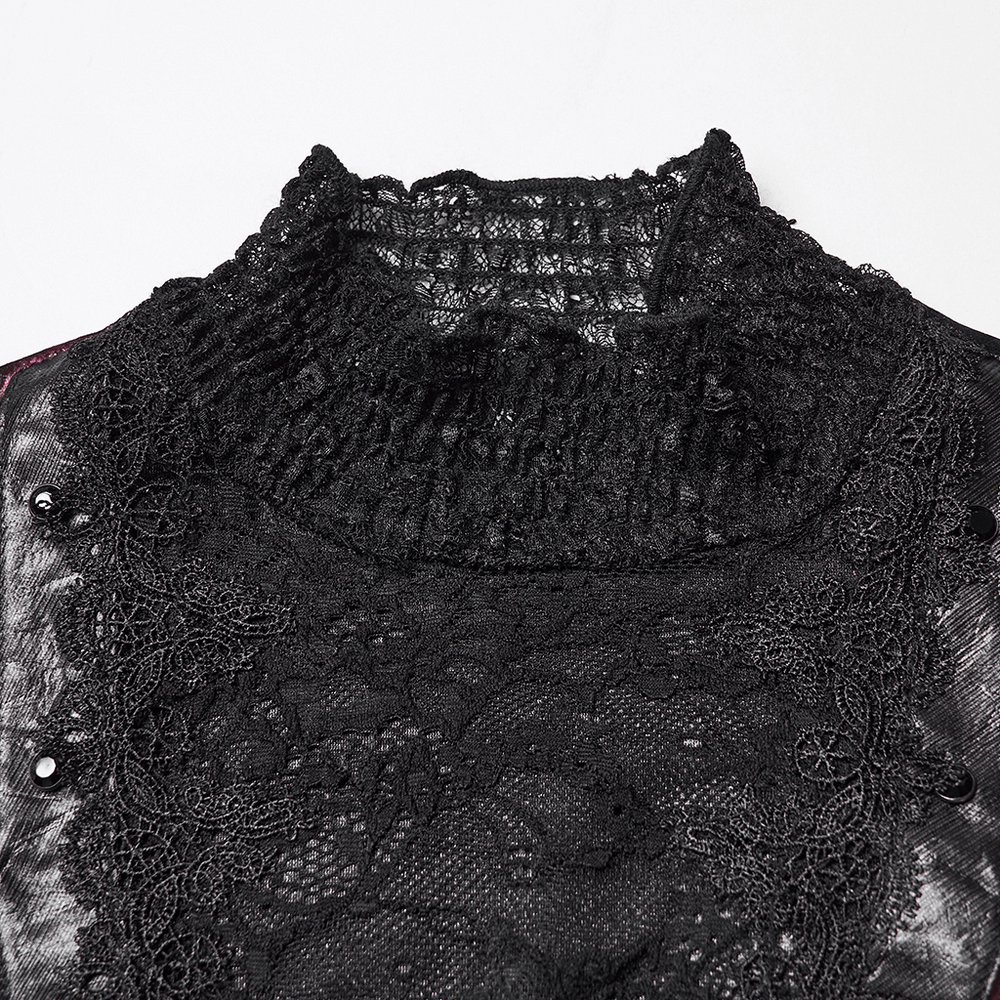 Goth Tie-Dye Velvet and Lace Long-Sleeved Top: close-up on intricate lace collar and detailing.