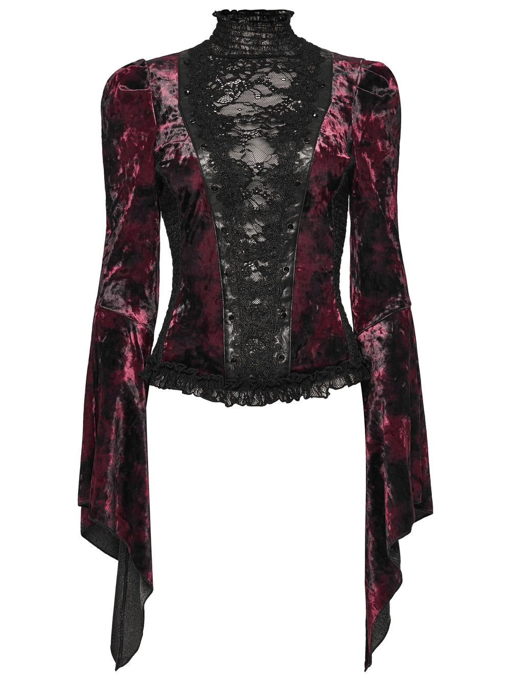 Goth Tie-Dye Velvet and Lace Long-Sleeved Top featuring flared sleeves and Victorian lace detailing.