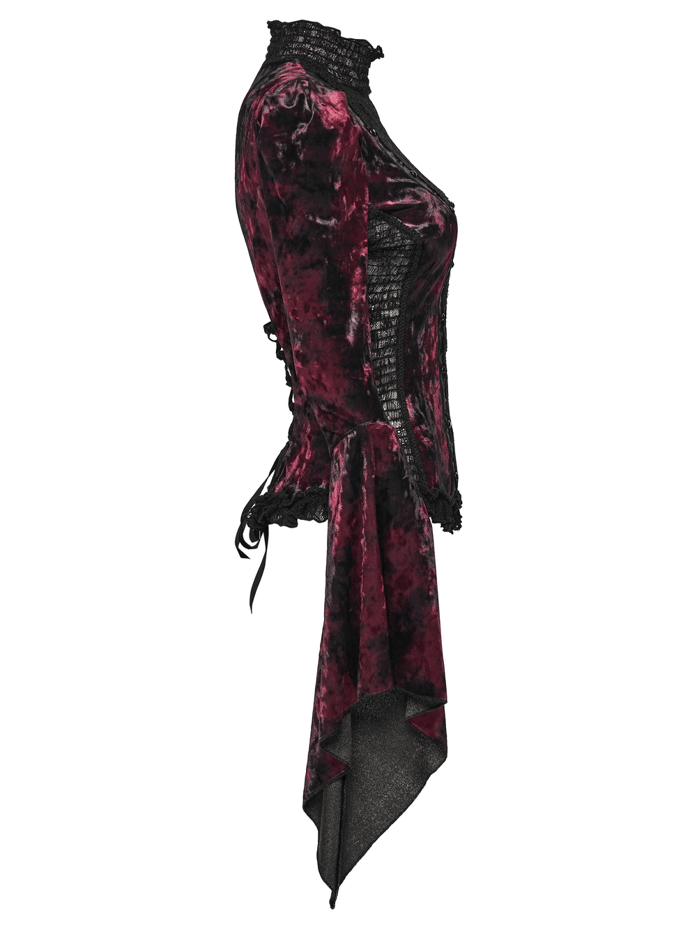 Goth Tie-Dye Velvet and Lace Long-Sleeved Top showcasing a Victorian Gothic design with flared sleeves and intricate lace details.