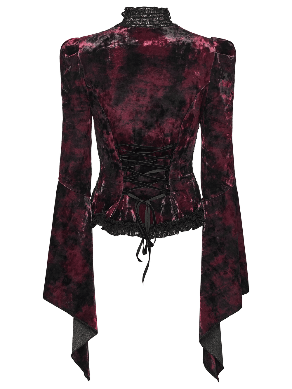 Goth Tie-Dye Velvet and Lace Long-Sleeved Top showcasing flared sleeves and lace detailing.