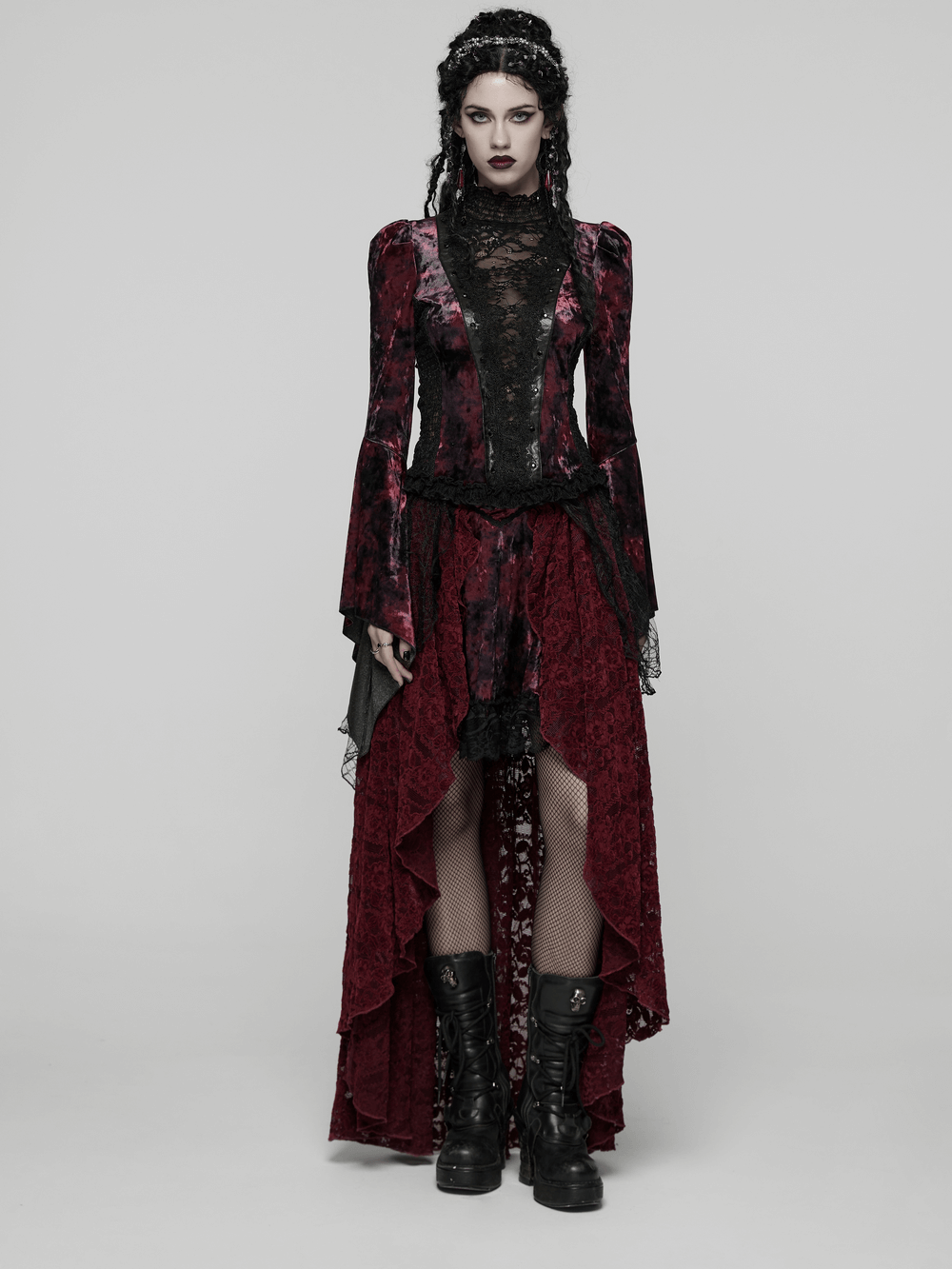 Goth Tie-Dye Velvet and Lace Long-Sleeved Top in Victorian style with flared sleeves and lace trim, perfect for dark romance.