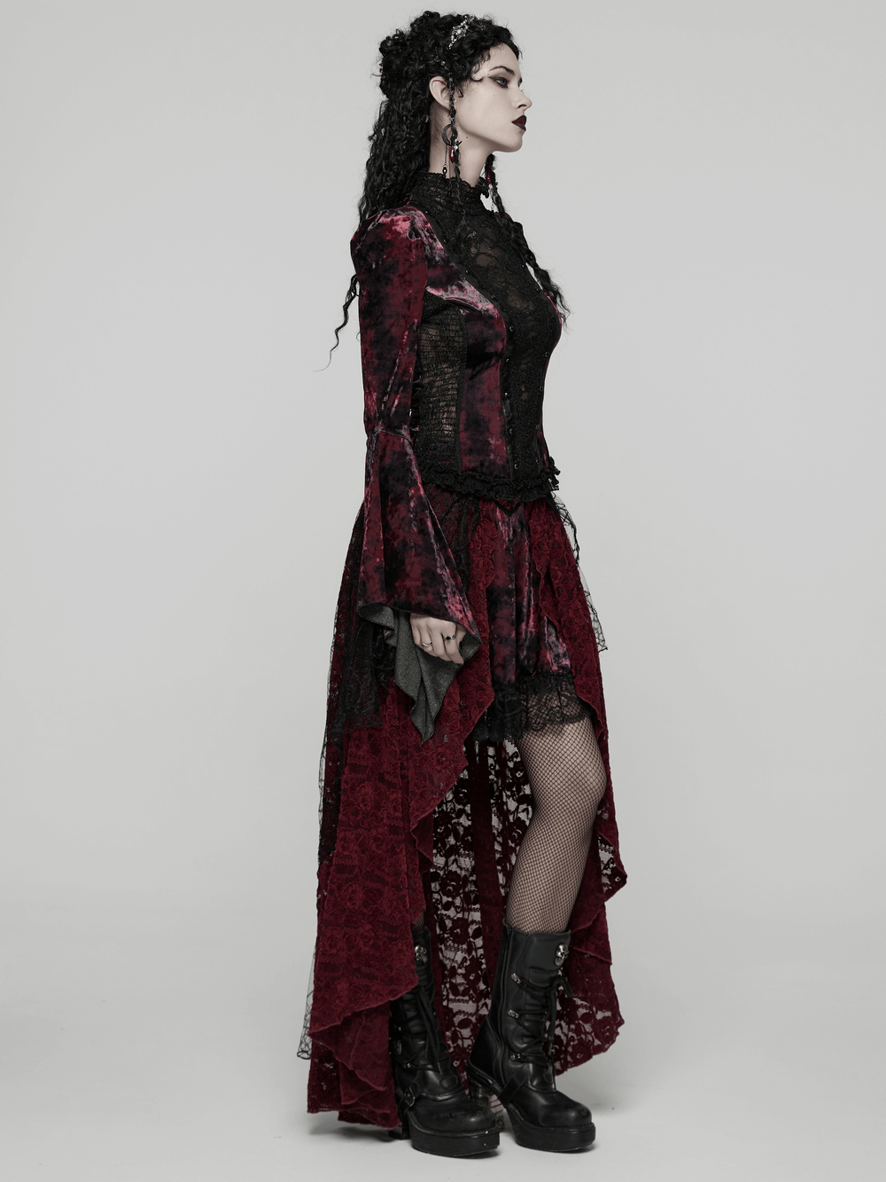 Goth Tie-Dye Velvet and Lace Long-Sleeved Top worn by model showcasing dark romantic style.