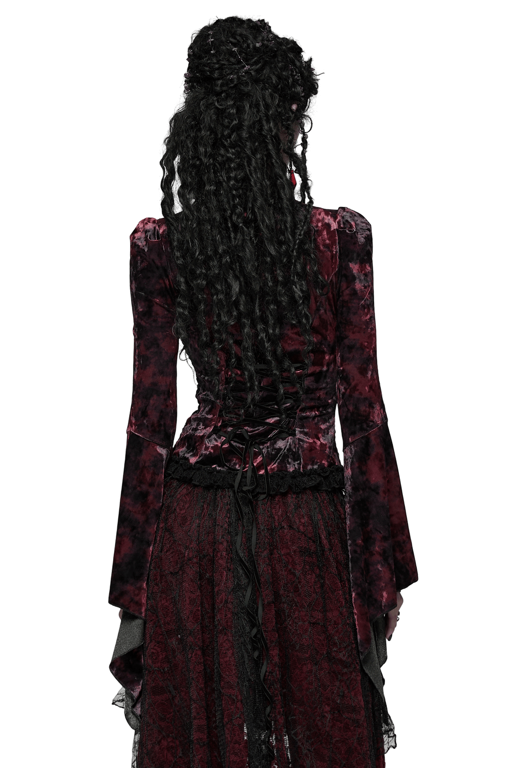 Goth Tie-Dye Velvet and Lace Long-Sleeved Top showcasing the back view with dramatic flared sleeves.