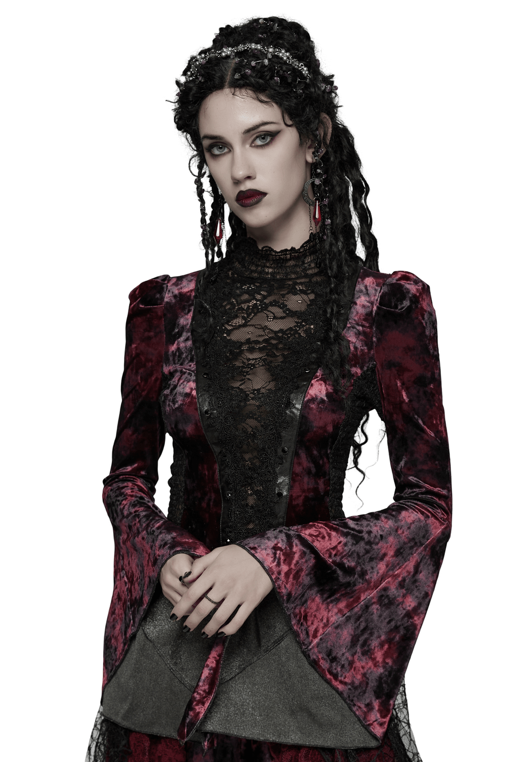 Goth Tie-Dye Velvet and Lace Long-Sleeved Top with flared sleeves and lace detailing.
