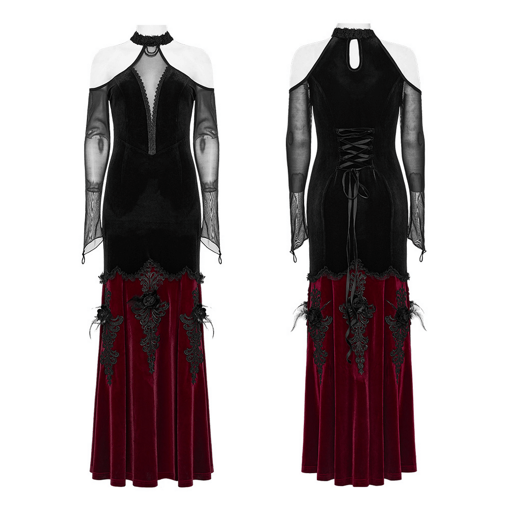 Goth Velvet And Lace Contrast Panel Dress With Off Shoulder Design - HARD'N'HEAVY