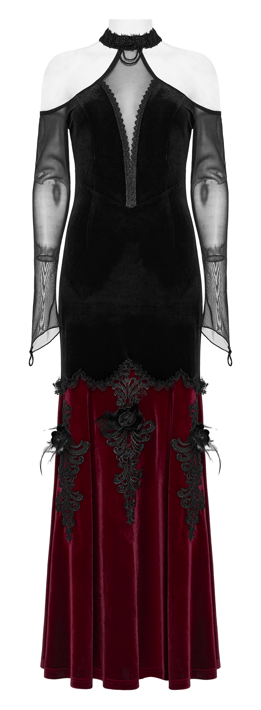 Goth Velvet And Lace Contrast Panel Dress With Off Shoulder Design - HARD'N'HEAVY