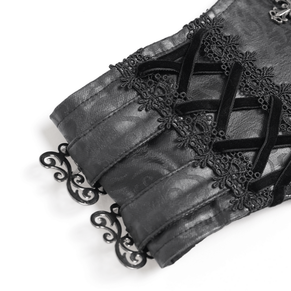 Goth Velvet and Lace Skirt with Ruffle and Rose Detailing close-up showcasing intricate lace and ruffled design.