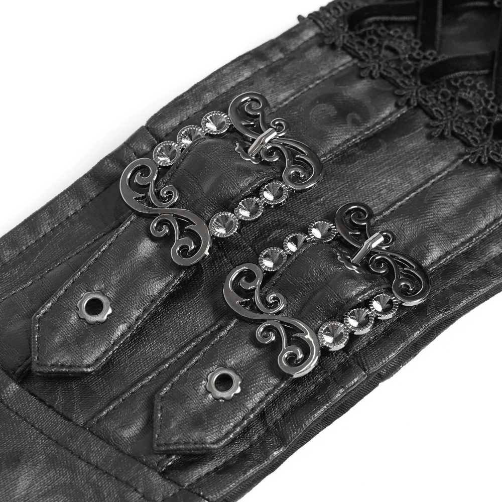 Goth Velvet and Lace Skirt with Ruffle and Rose Detailing close-up of elegant buckle and lace accents