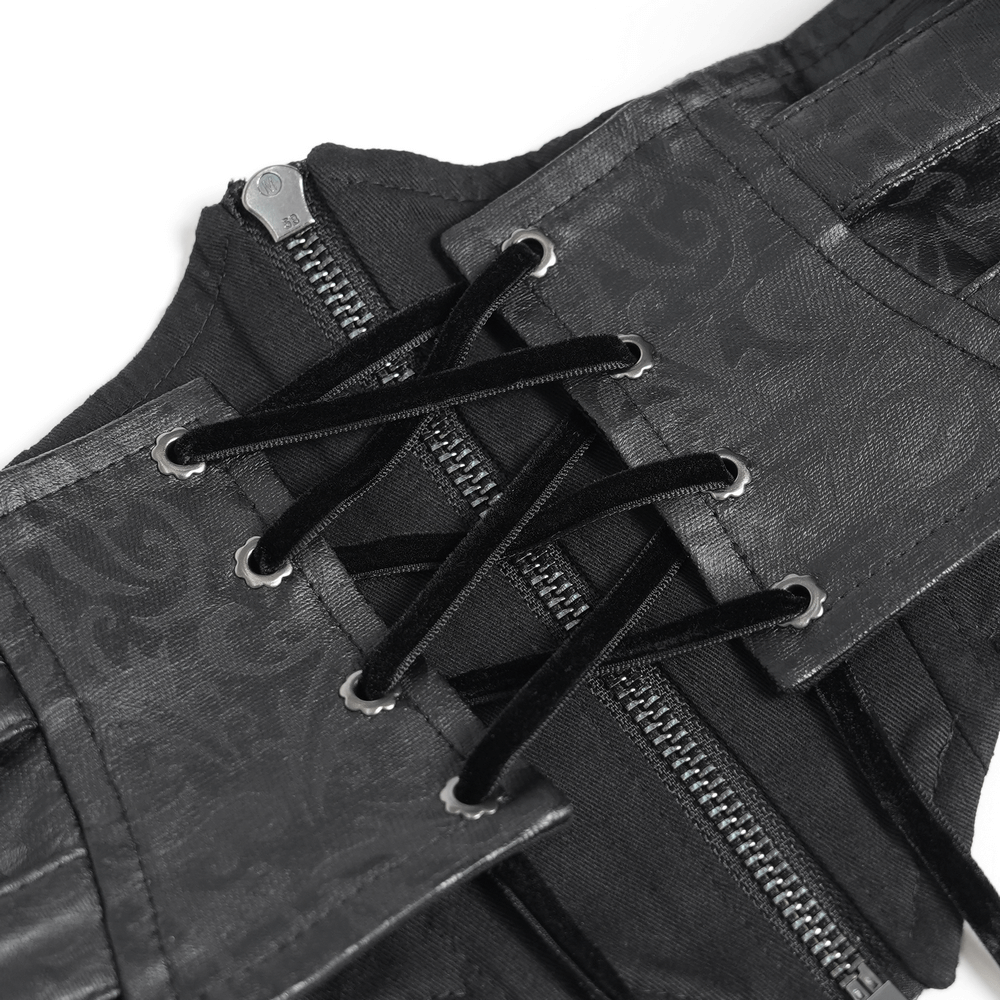 Goth Velvet and Lace Skirt with Ruffle and Rose Detailing close-up of lace and zipper details.