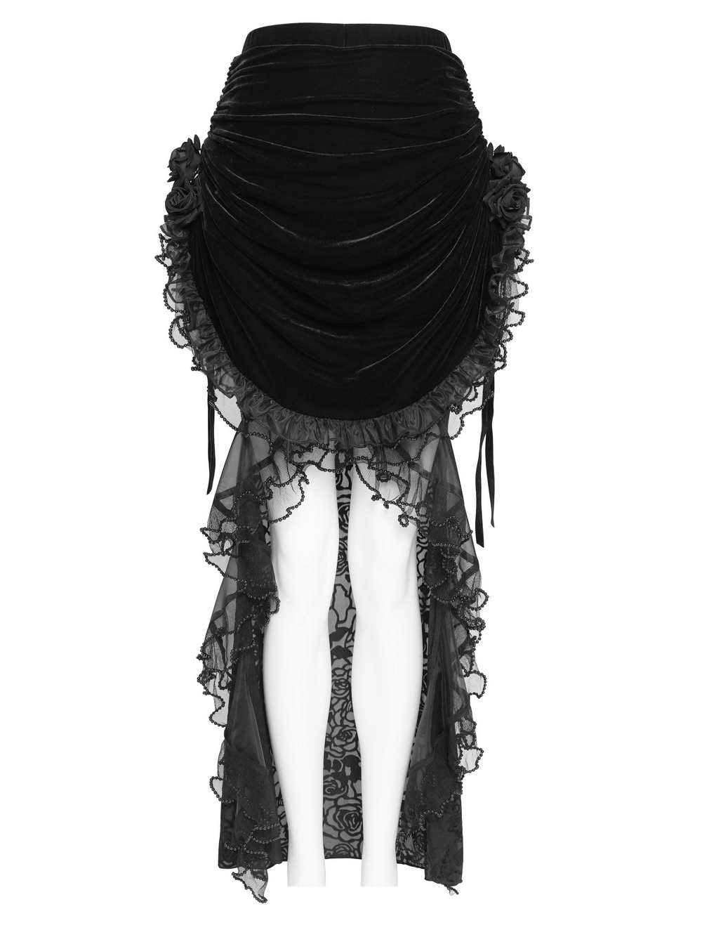 Goth Velvet and Lace Skirt with Ruffle and Rose Detailing featuring dramatic ruffles and lace accents.