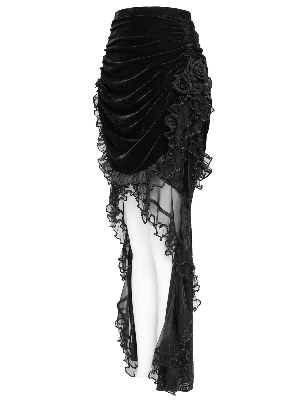 Goth Velvet and Lace Skirt with Ruffle and Rose Detailing showcasing elegant black velvet and lace accents.