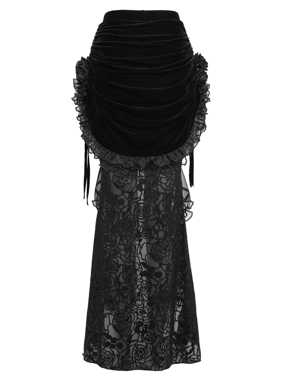 Goth Velvet and Lace Skirt with Ruffle and Rose Detailing, featuring elegant black velvet and lace accents.