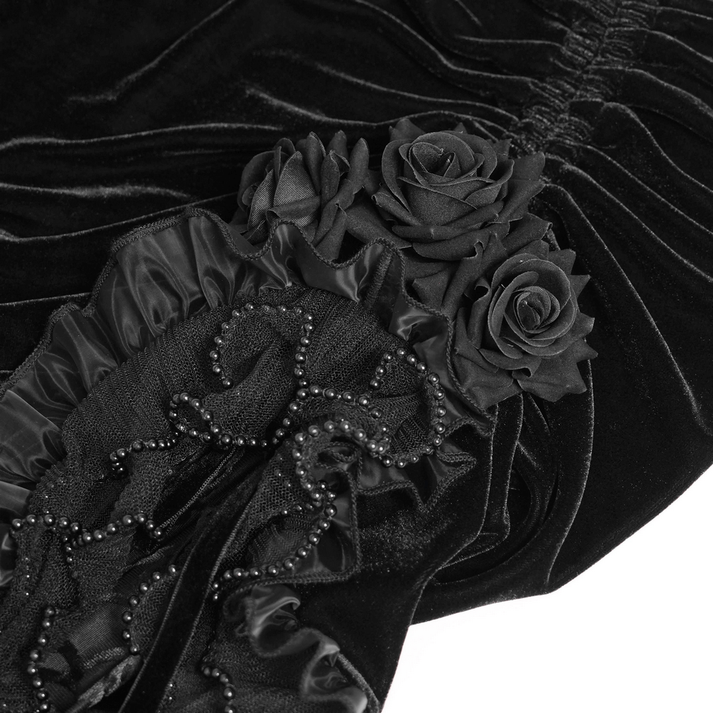 Goth Velvet and Lace Skirt with Ruffle and Rose Detailing showcasing black velvet fabric and detailed rose appliqué.