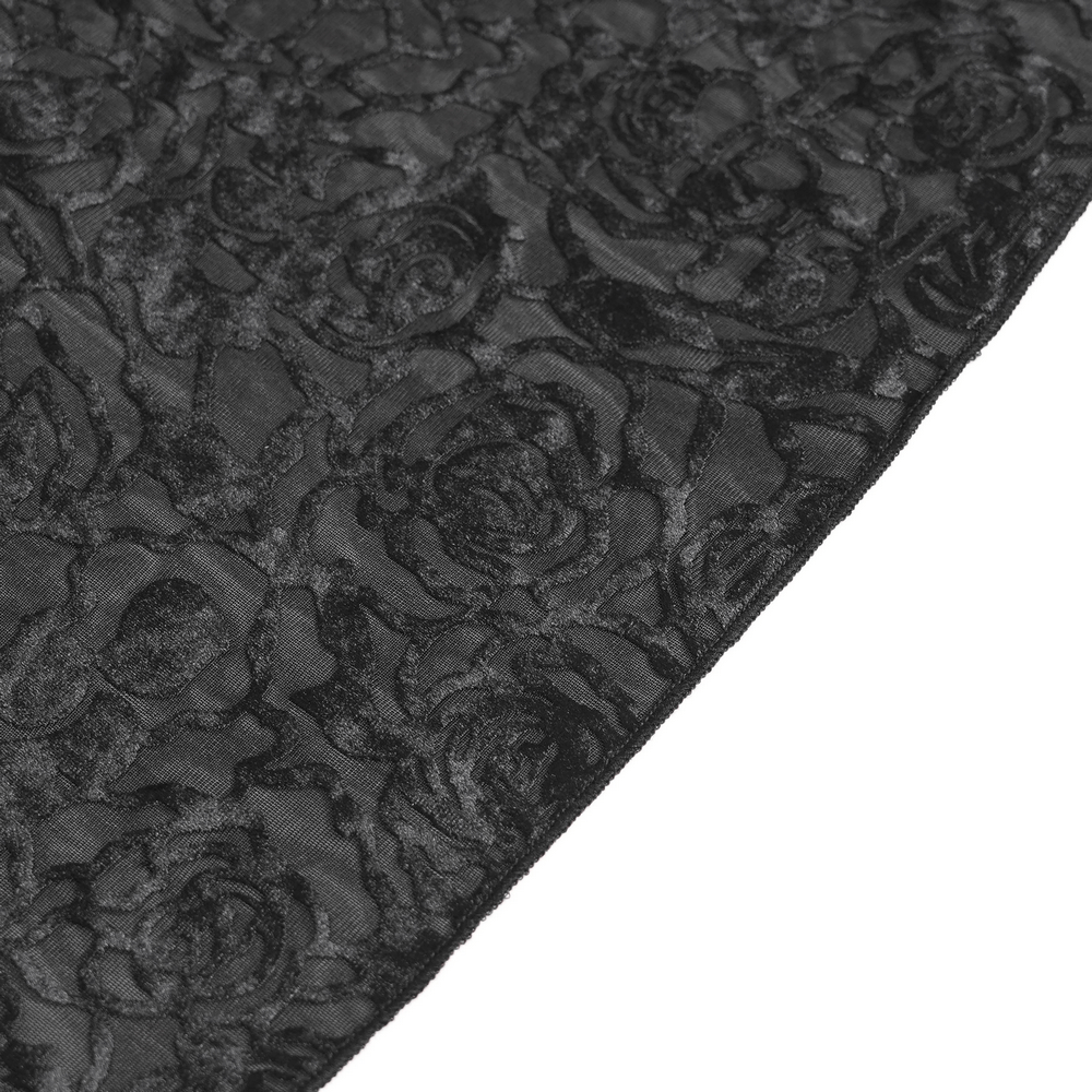 Goth Velvet and Lace Skirt with Ruffle and Rose Detailing featuring intricate rose lace design and rich black texture.